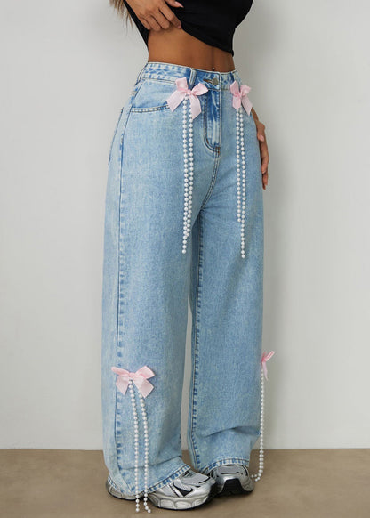 Elegant Blue High Waist Bow Pearl Tassel Wide Leg Jeans