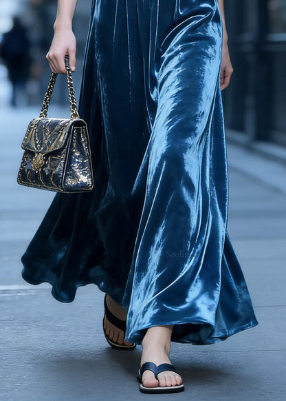 Elegant Blue High Waist Exra Large Hem Velvet Skirt Spring