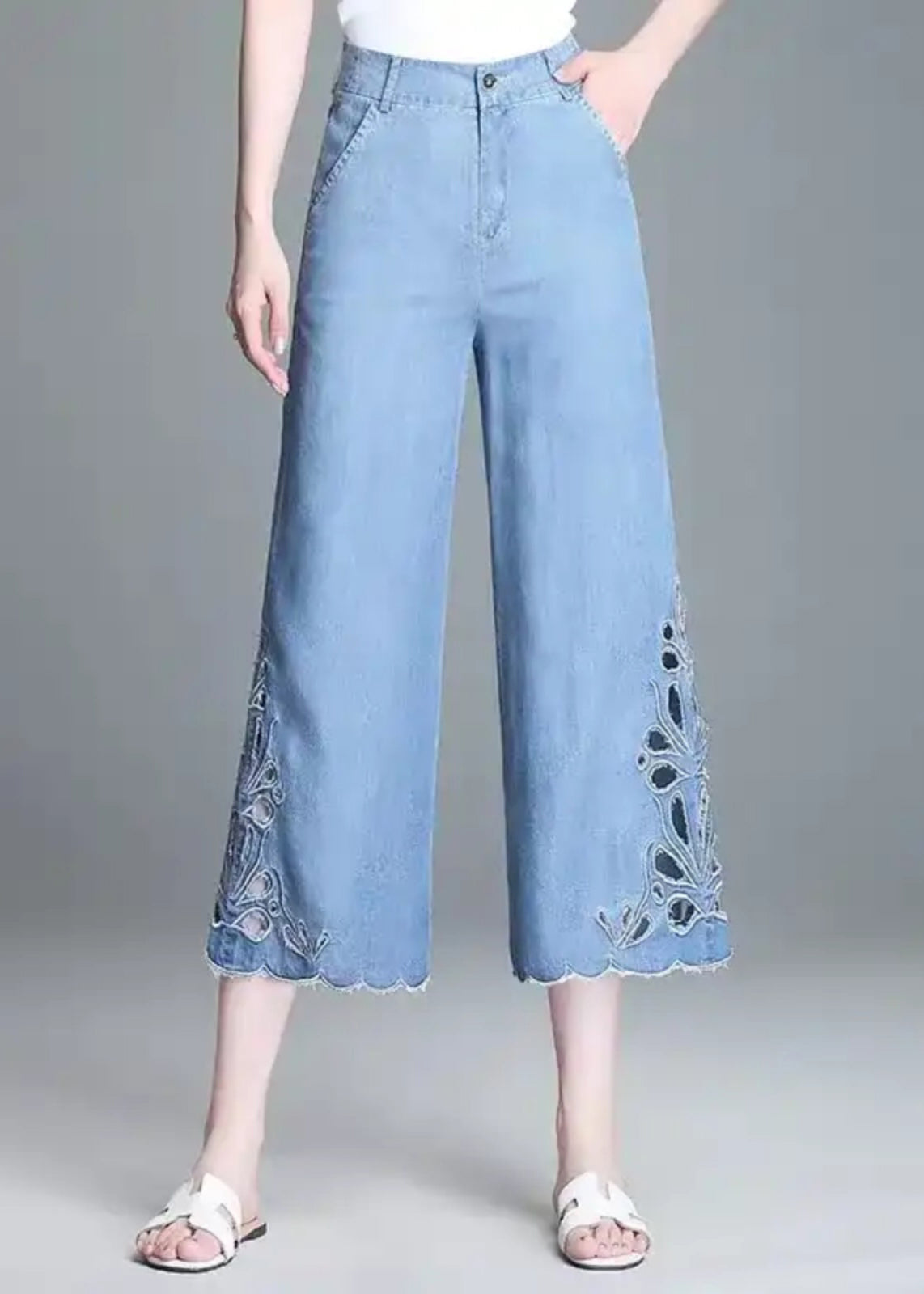 Elegant Blue High Waist Hollow Out Crop Jeans Summer