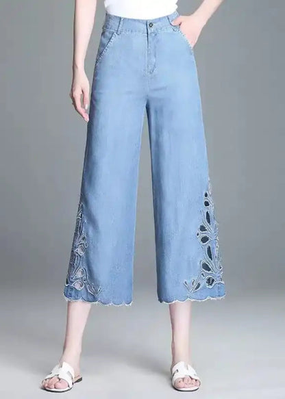 Elegant Blue High Waist Hollow Out Crop Jeans Summer