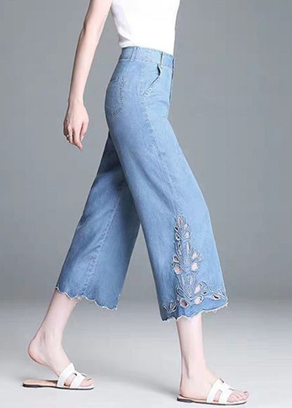 Elegant Blue High Waist Hollow Out Crop Jeans Summer