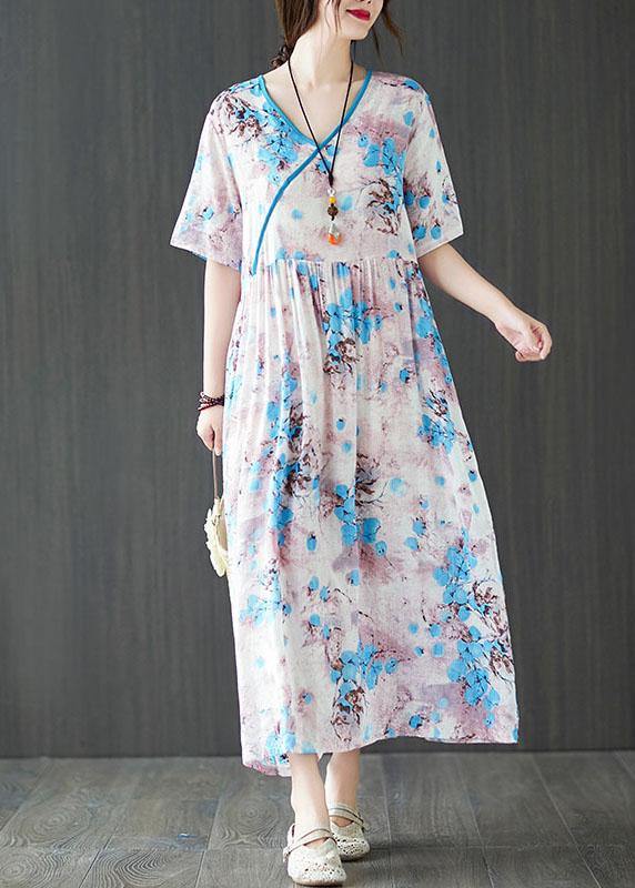 Elegant Blue Loose Patchwork Pockets Summer Vacation Dress Short Sleeve - SooLinen