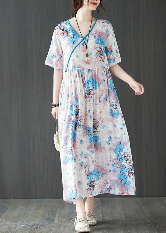 Elegant Blue Loose Patchwork Pockets Summer Vacation Dress Short Sleeve - SooLinen