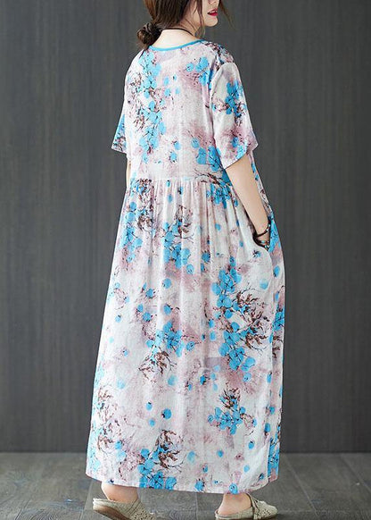 Elegant Blue Loose Patchwork Pockets Summer Vacation Dress Short Sleeve - SooLinen