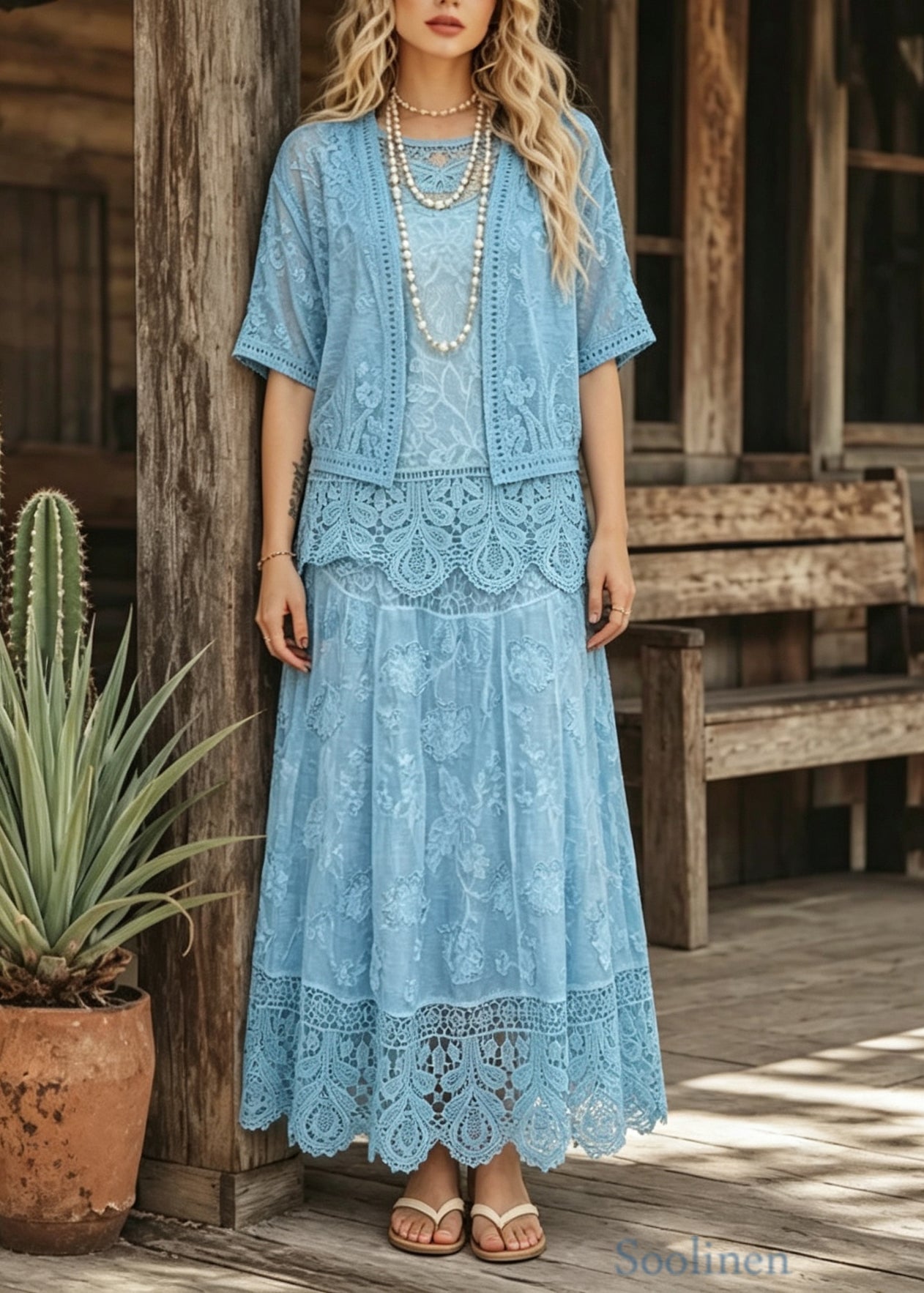 Elegant Blue O Neck Cardigans Tank And Skirts Lace Three Pieces Set Summer