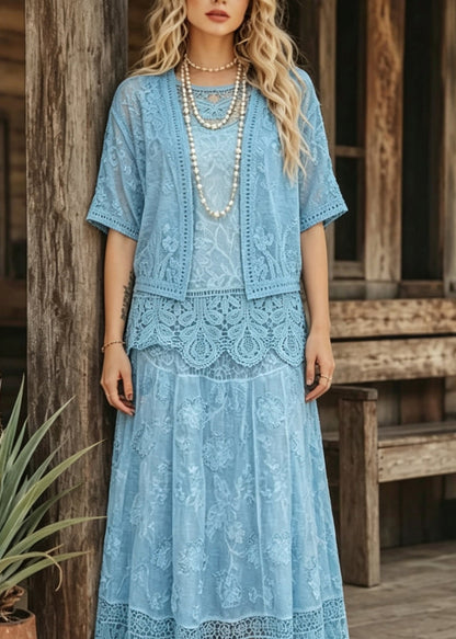 Elegant Blue O Neck Cardigans Tank And Skirts Lace Three Pieces Set Summer
