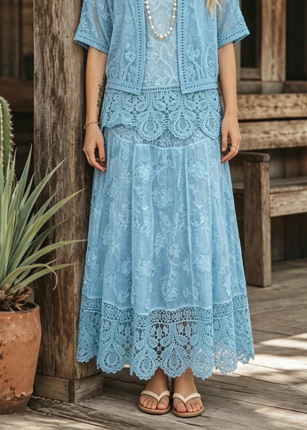 Elegant Blue O Neck Cardigans Tank And Skirts Lace Three Pieces Set Summer