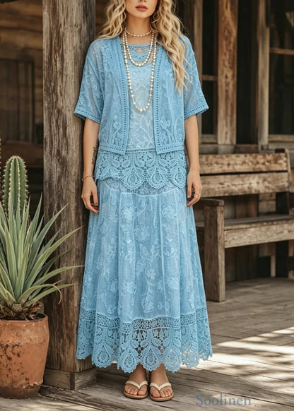Elegant Blue O Neck Cardigans Tank And Skirts Lace Three Pieces Set Summer