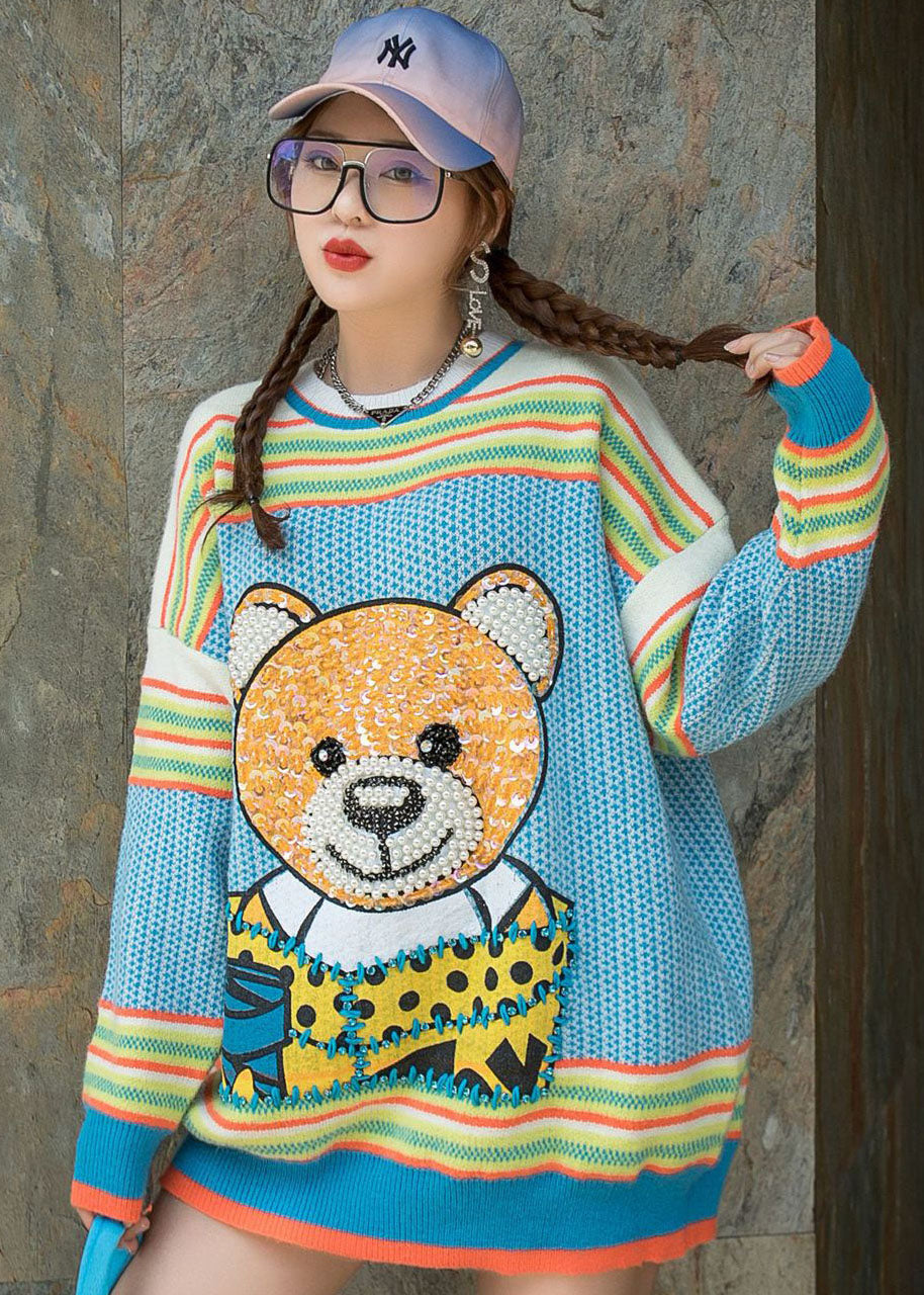 Eleganter blauer O-Ausschnitt Nagelperlen Patchwork Herbst Lockerer Pullover