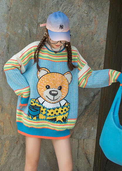 Eleganter blauer O-Ausschnitt Nagelperlen Patchwork Herbst Lockerer Pullover