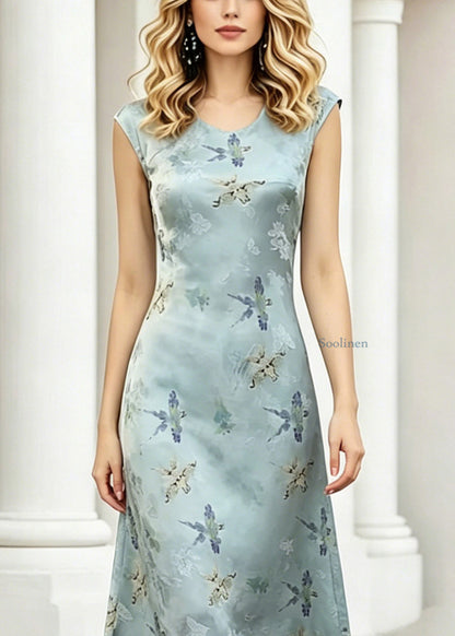 Elegant Blue O-Neck Print Long Dress Short Sleeve