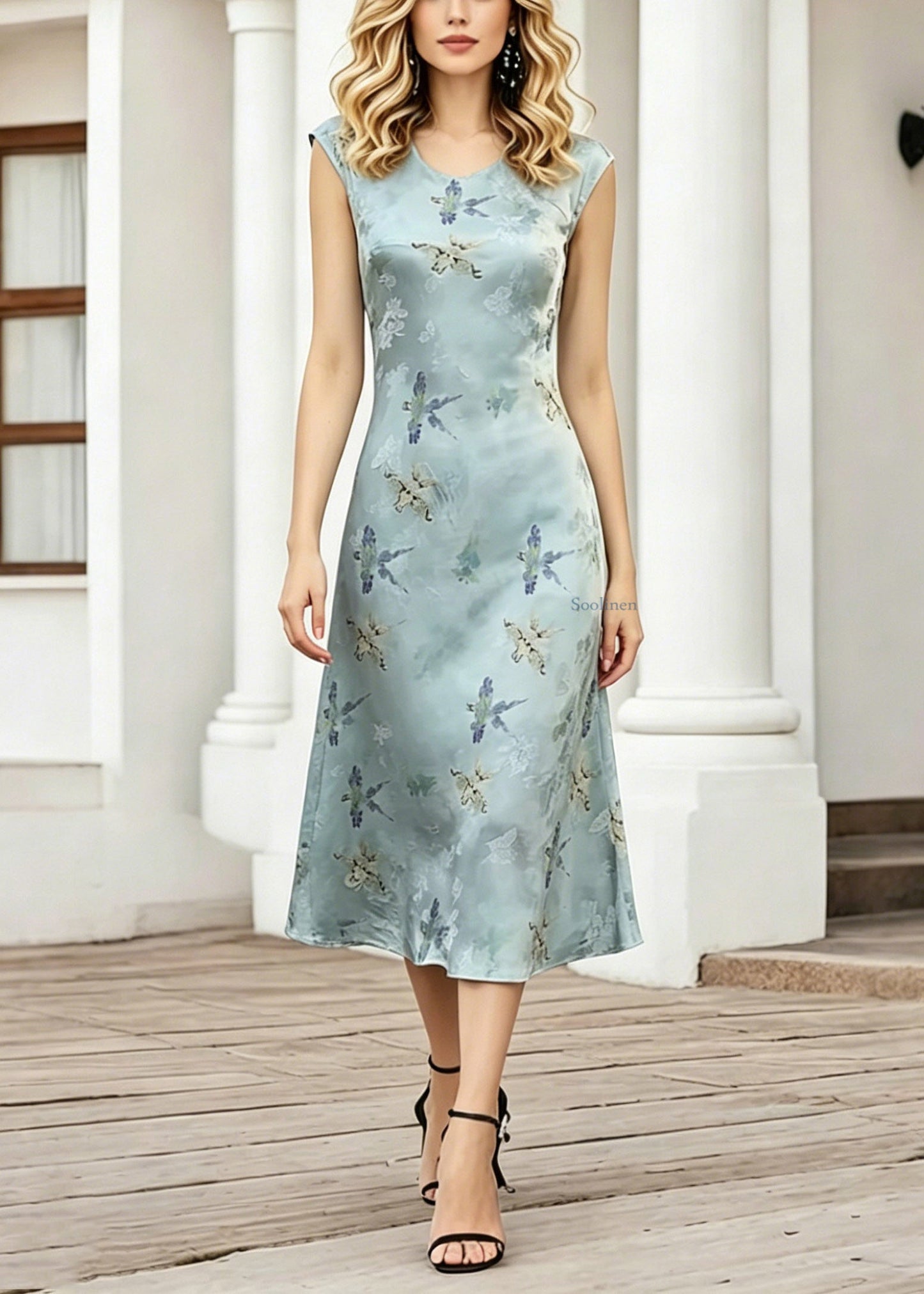 Elegant Blue O-Neck Print Long Dress Short Sleeve