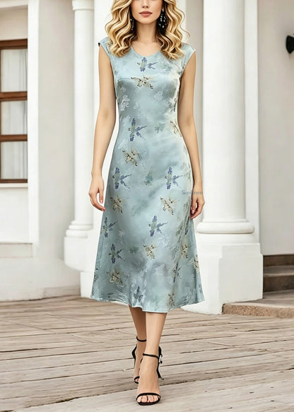Elegant Blue O-Neck Print Long Dress Short Sleeve
