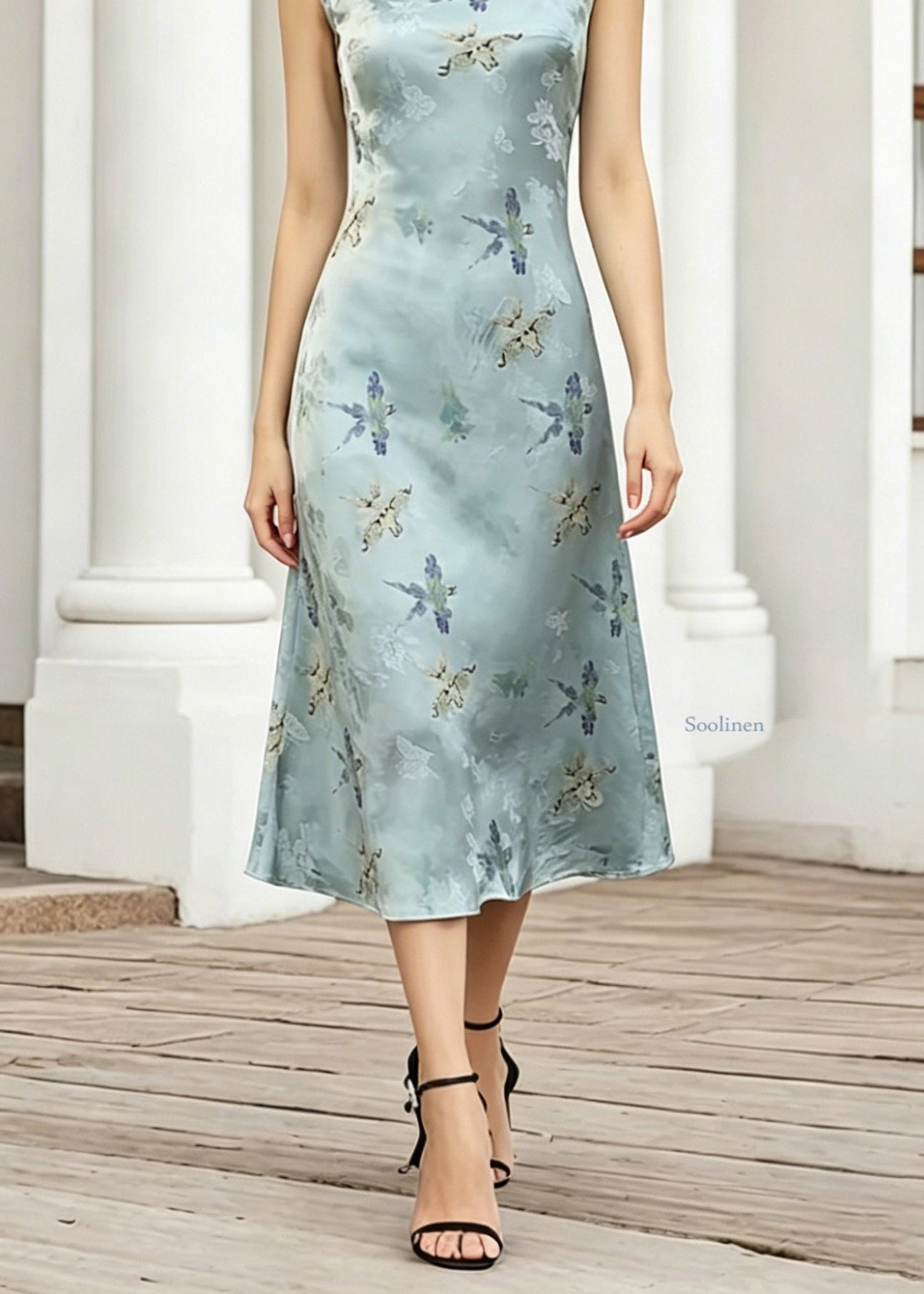 Elegant Blue O-Neck Print Long Dress Short Sleeve