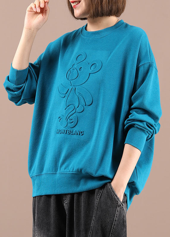 Elegant Blue O-Neck Print Loose Fall Sweatshirts