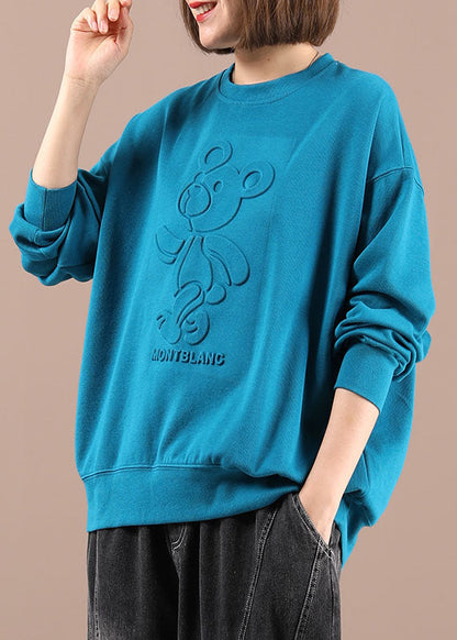 Elegant Blue O-Neck Print Loose Fall Sweatshirts
