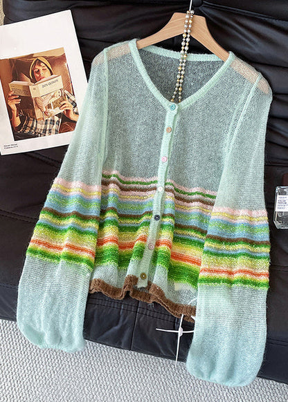 Elegant Blue O Neck Striped Patchwork Thin Knit Cardigans Fall