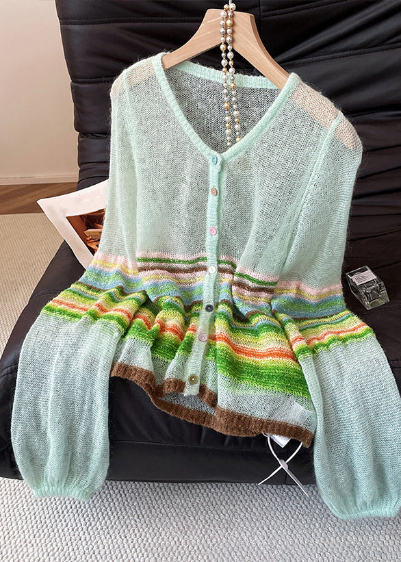 Elegant Blue O Neck Striped Patchwork Thin Knit Cardigans Fall