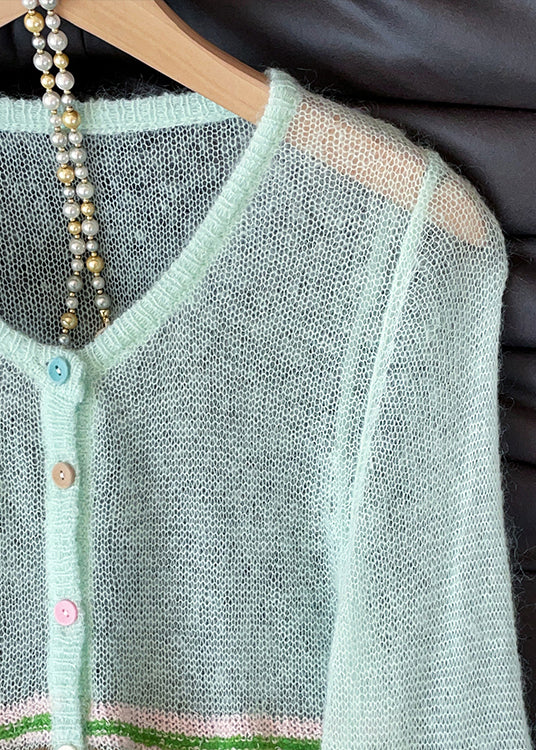 Elegant Blue O Neck Striped Patchwork Thin Knit Cardigans Fall