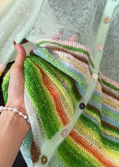 Elegant Blue O Neck Striped Patchwork Thin Knit Cardigans Fall