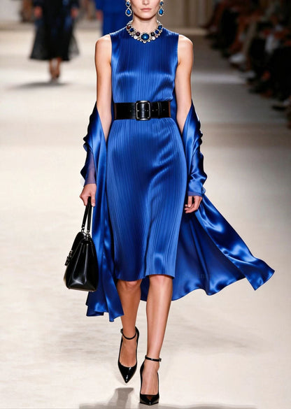 Elegant Blue O Neck Women Silk Dress Sleeveless