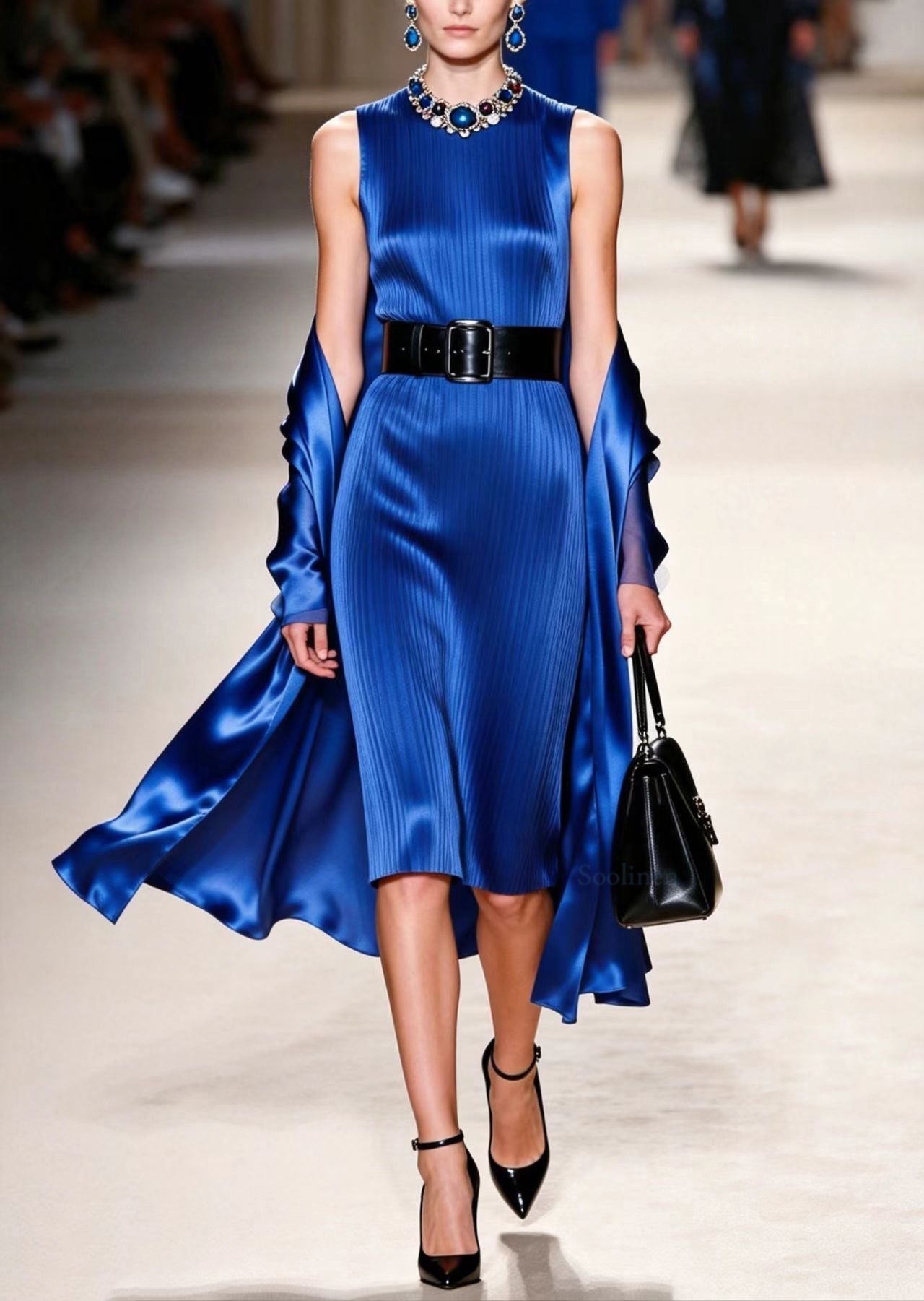 Elegant Blue O Neck Women Silk Dress Sleeveless