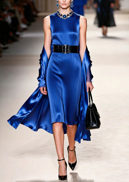 Elegant Blue O Neck Women Silk Dress Sleeveless