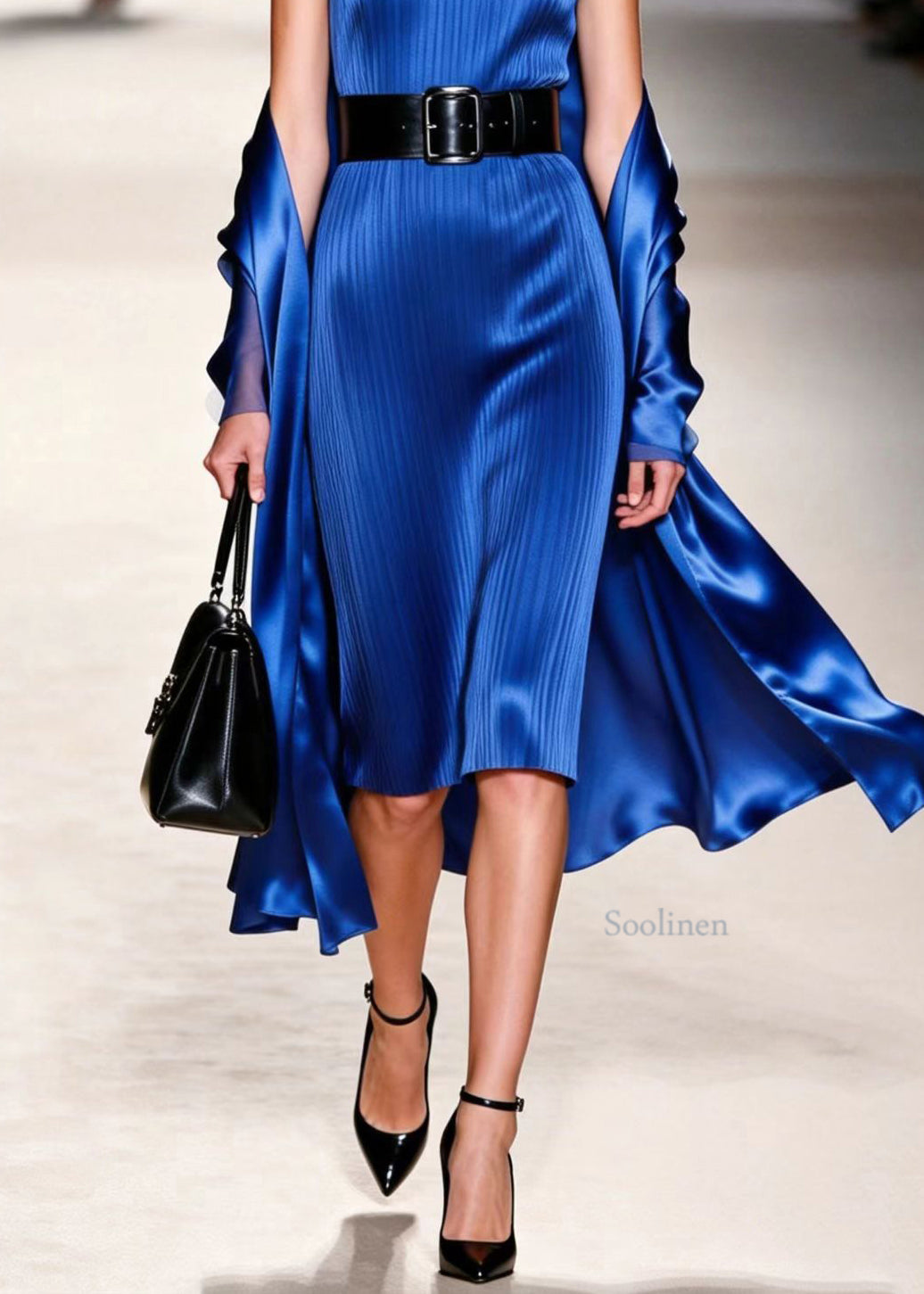 Elegant Blue O Neck Women Silk Dress Sleeveless