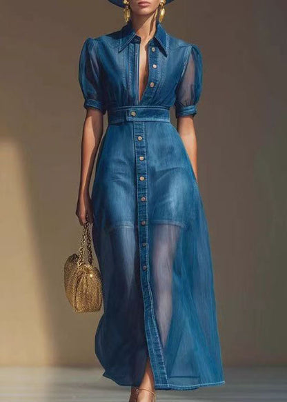 Elegant Blue Peter Pan Collar Button Patchwork Mesh Dress Short Sleeve