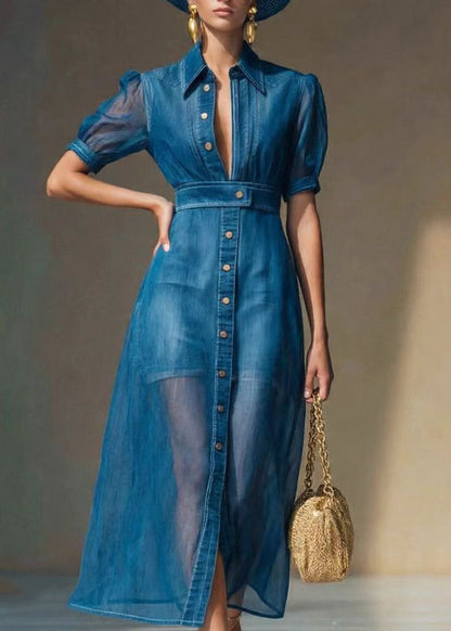 Elegant Blue Peter Pan Collar Button Patchwork Mesh Dress Short Sleeve