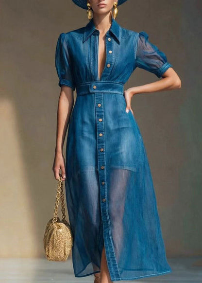 Elegant Blue Peter Pan Collar Button Patchwork Mesh Dress Short Sleeve