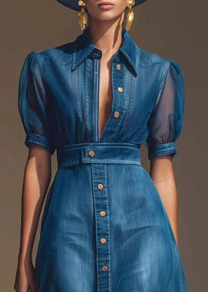 Elegant Blue Peter Pan Collar Button Patchwork Mesh Dress Short Sleeve