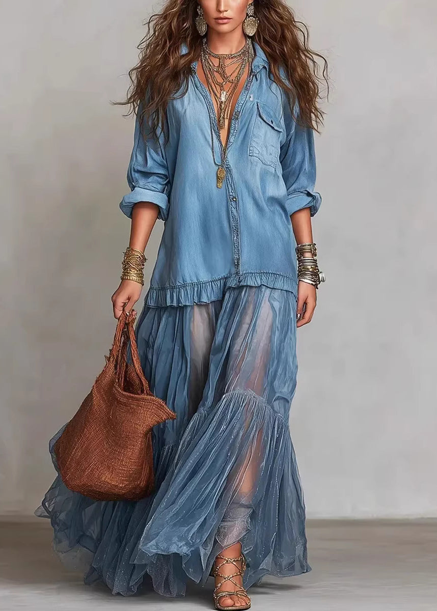 Light Grey Tulle Patchwork Denim Dress Summer