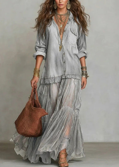 Light Grey Tulle Patchwork Denim Dress Summer