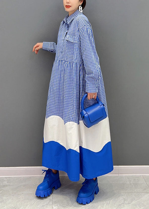 Elegante Blau Peter Pan Kragen Patchwork Plaid Baumwolle Hemd Kleider Frühling