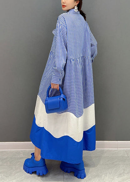 Elegante Blau Peter Pan Kragen Patchwork Plaid Baumwolle Hemd Kleider Frühling