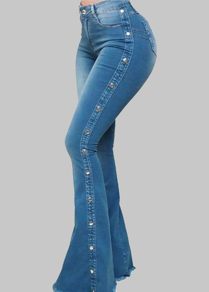 Elegant Blue Pockets Patchwork High Waist Denim Flared Trousers Spring