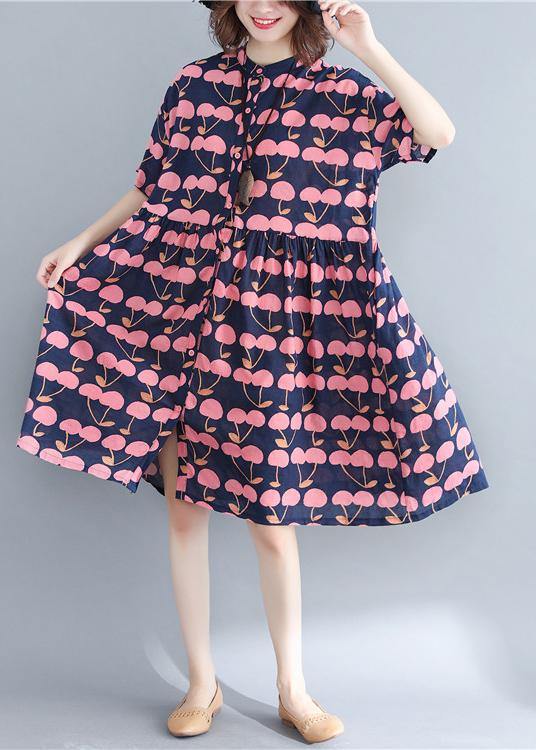 Elegant Blue Print Cotton Button Summer Ankle Dress - SooLinen