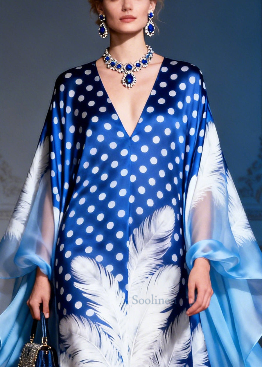 Elegant Blue Print Exra Large Hem Low High Design Silk Evening Dress Summer