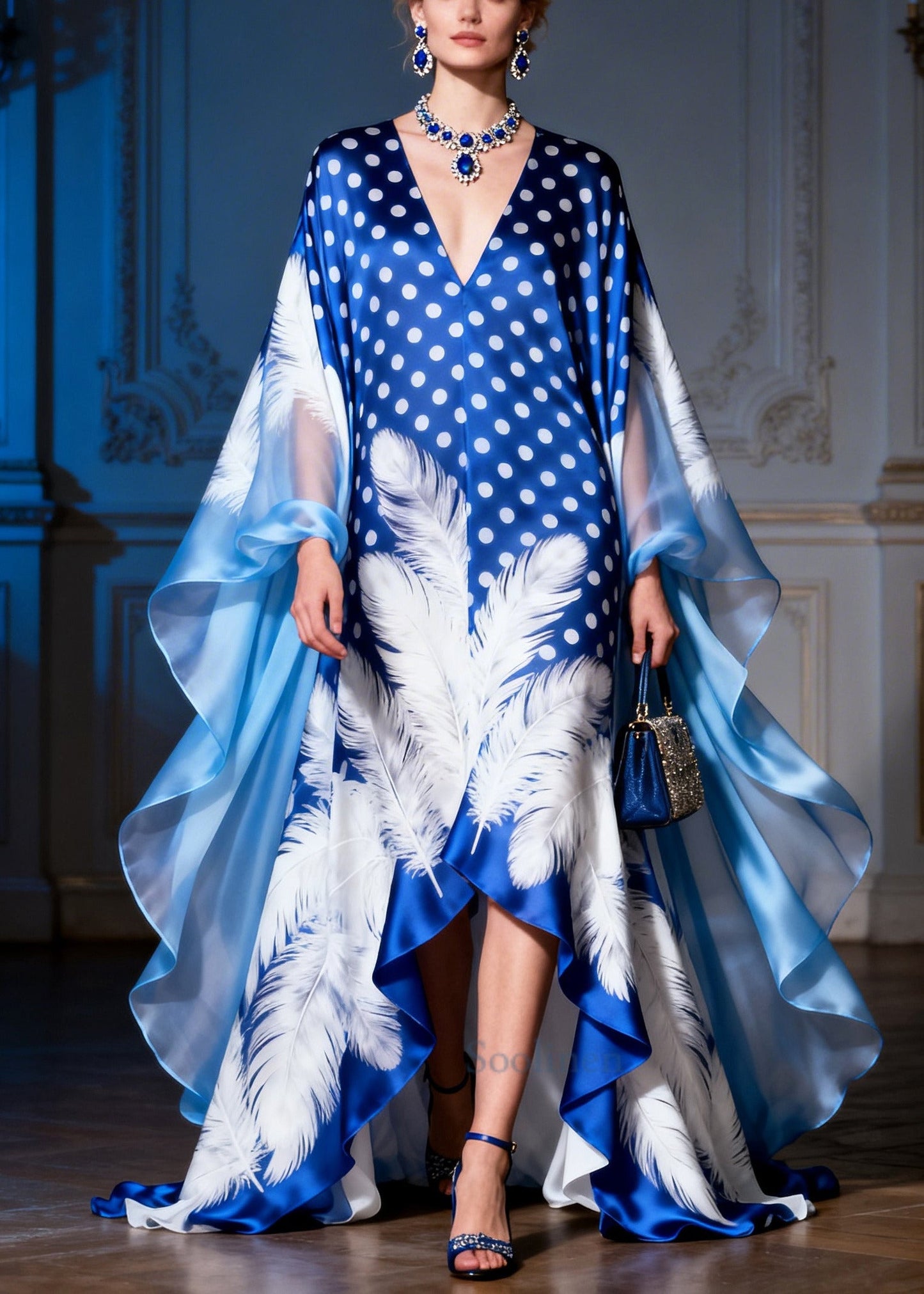 Elegant Blue Print Exra Large Hem Low High Design Silk Evening Dress Summer