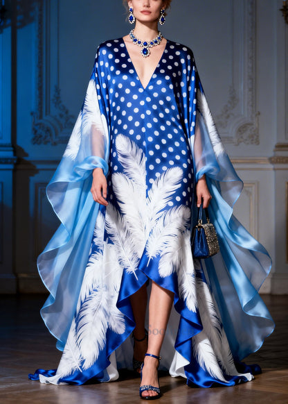 Elegant Blue Print Exra Large Hem Low High Design Silk Evening Dress Summer