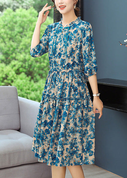 Elegant Blue Print Tunic Dresses Ruffled Summer
