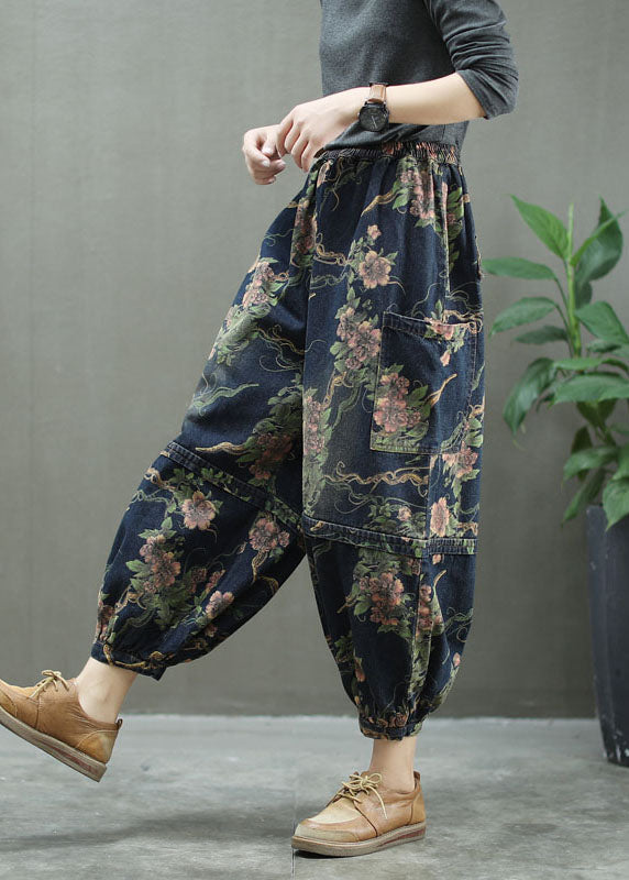 Elegant Blue Print denim lantern Trousers Spring