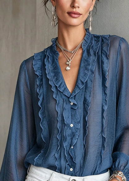Elegant Blue Ruffled Patchwork Cotton Shirt Long Sleeve