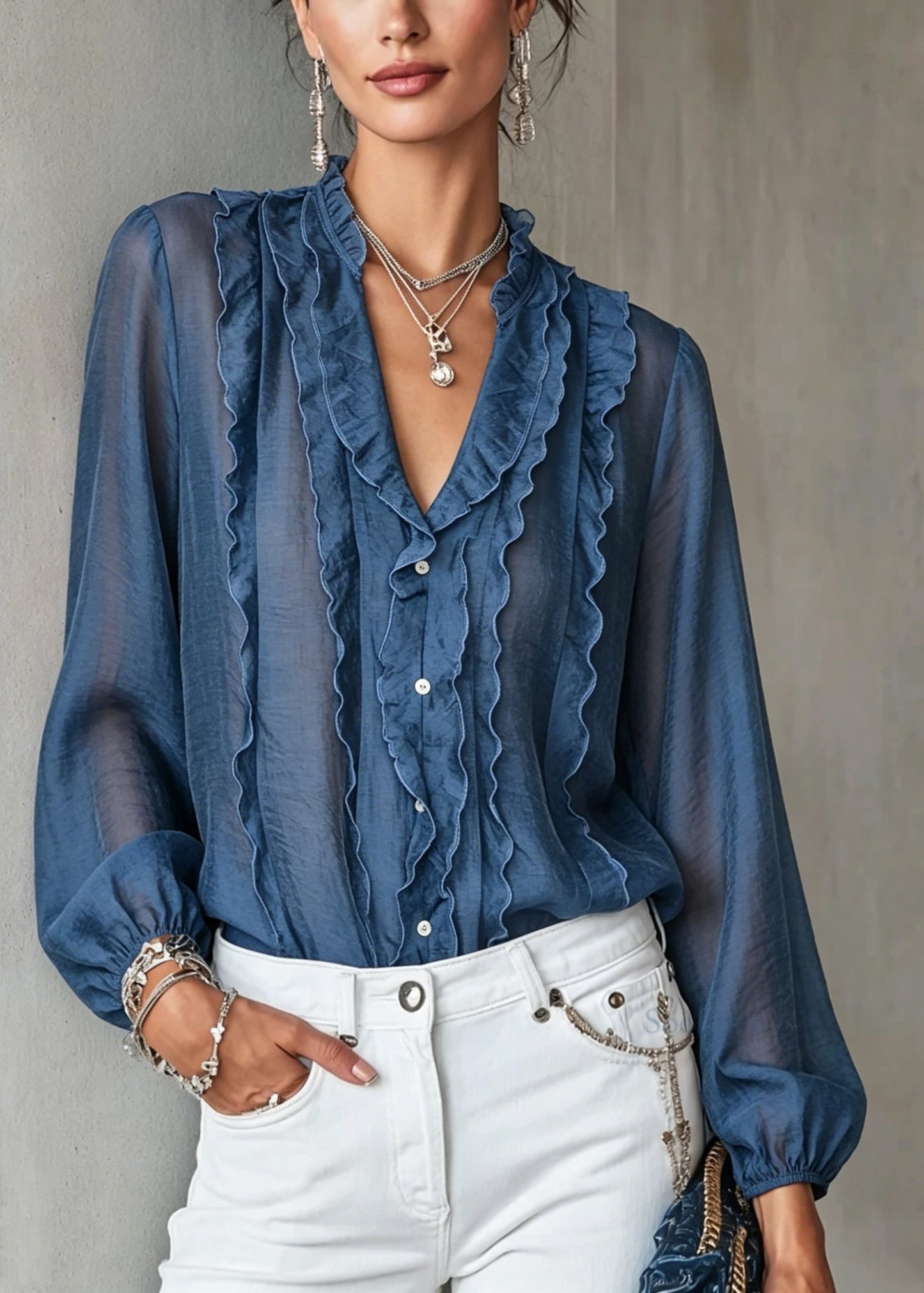 Elegant Blue Ruffled Patchwork Cotton Shirt Long Sleeve