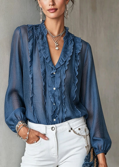 Elegant Blue Ruffled Patchwork Cotton Shirt Long Sleeve