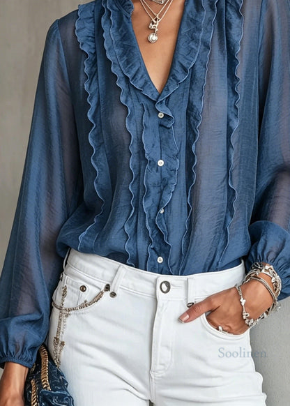 Elegant Blue Ruffled Patchwork Cotton Shirt Long Sleeve