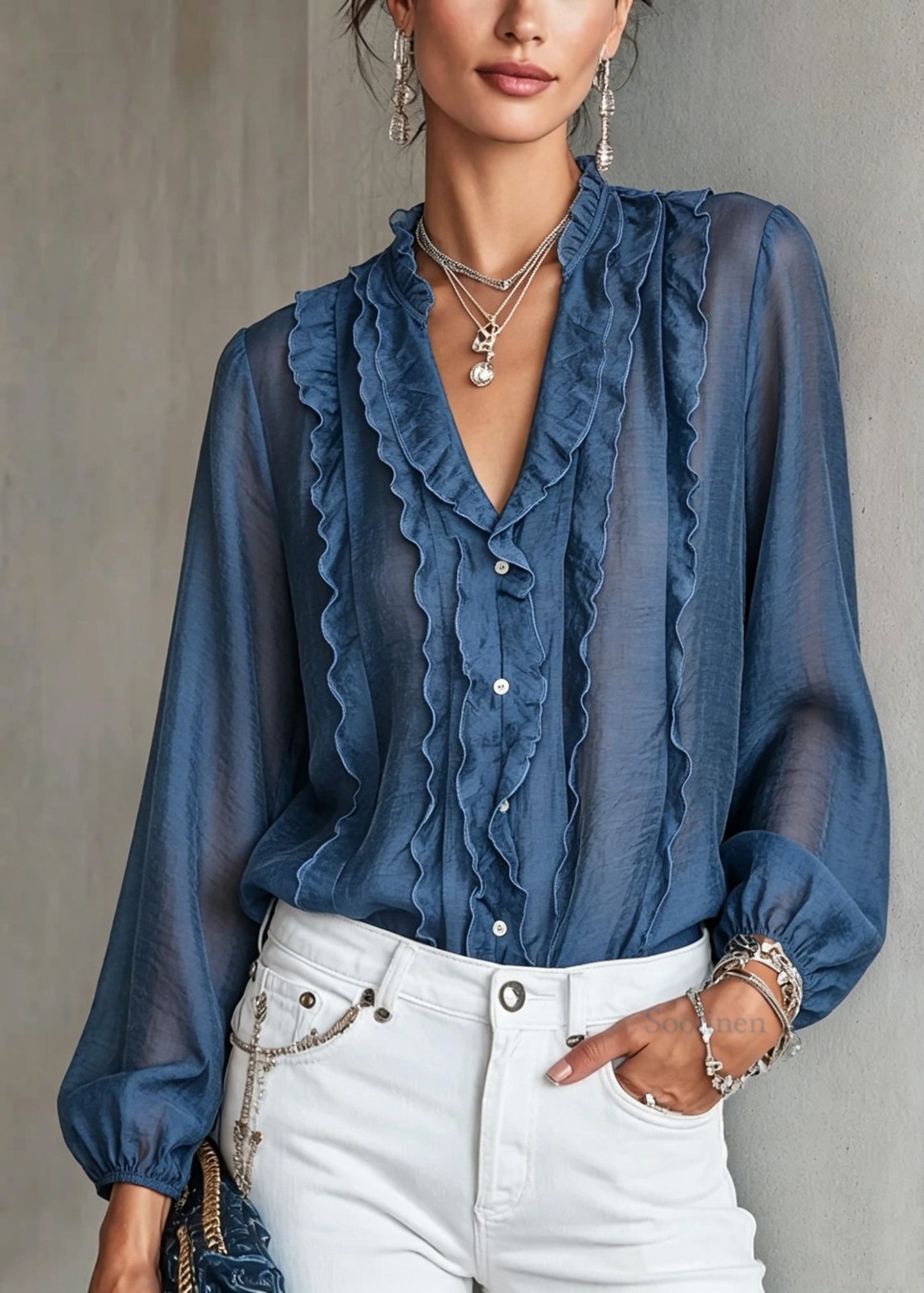 Elegant Blue Ruffled Patchwork Cotton Shirt Long Sleeve
