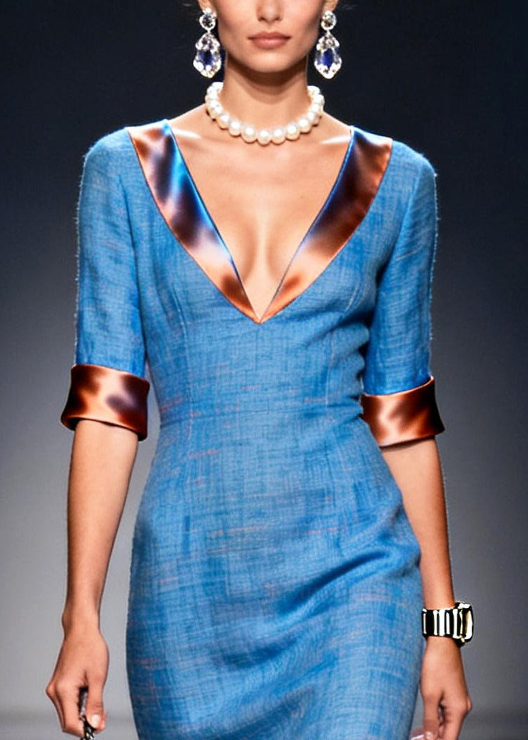 Elegant Blue Ruffled Patchwork Tie Dye Cotton Long Dress Summer