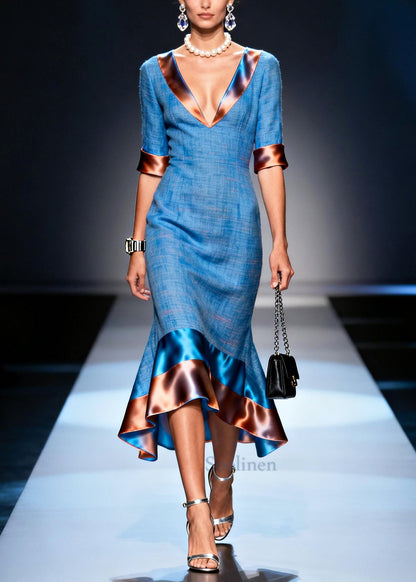 Elegant Blue Ruffled Patchwork Tie Dye Cotton Long Dress Summer